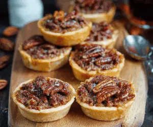 Delicious homemade pecan butter tarts with golden crust and rich pecan filling on a rustic wooden surface