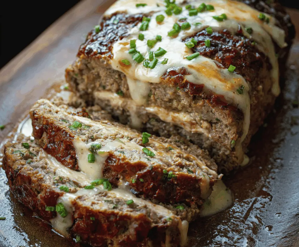 Delicious Philly Cheesesteak Meatloaf topped with melted cheese and sautéed onions, served on a platter