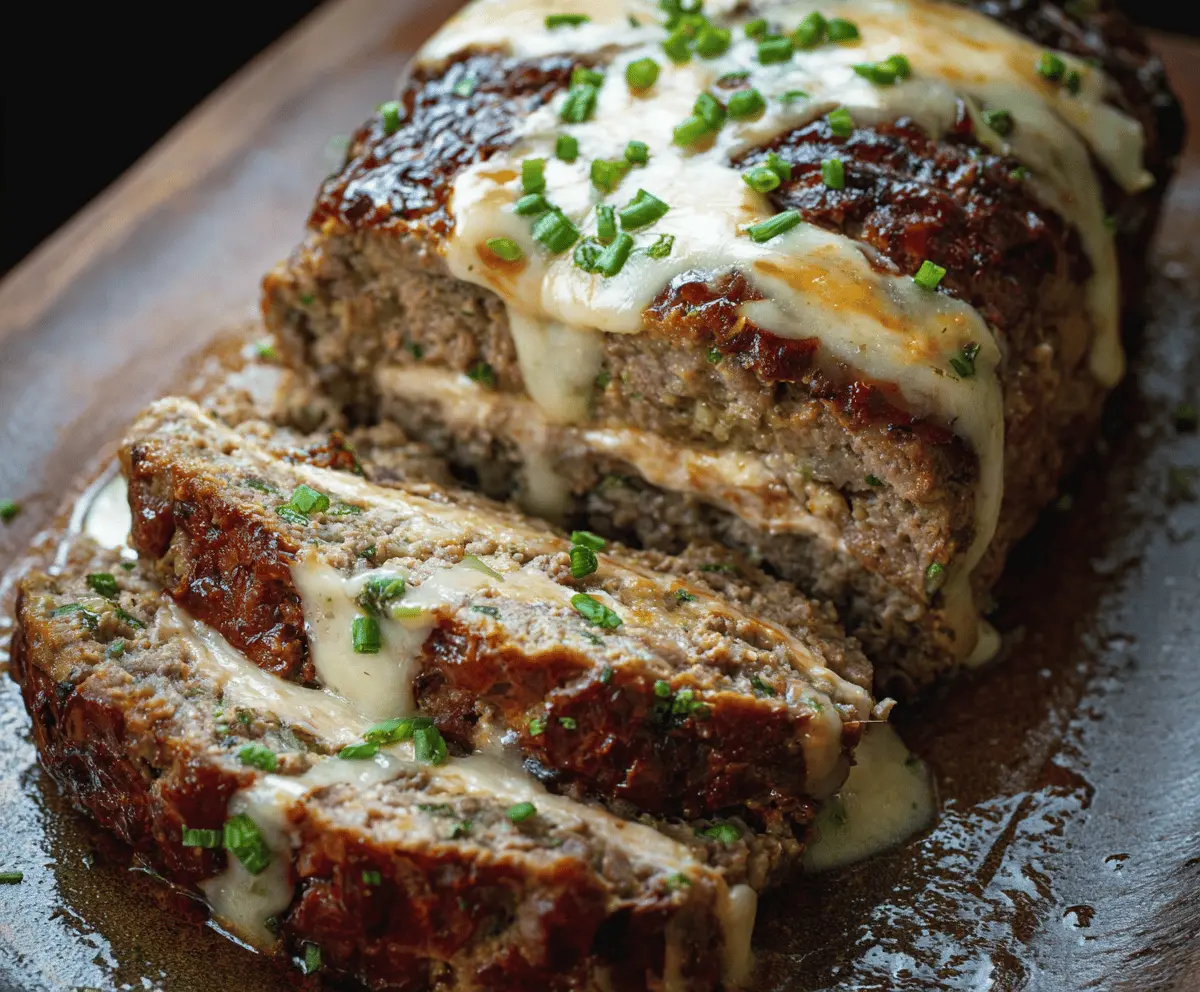 Delicious Philly Cheesesteak Meatloaf topped with melted cheese and sautéed onions, served on a platter