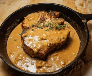 Savory pork chop topped with rich gravy served with mashed potatoes and green beans on a rustic plate