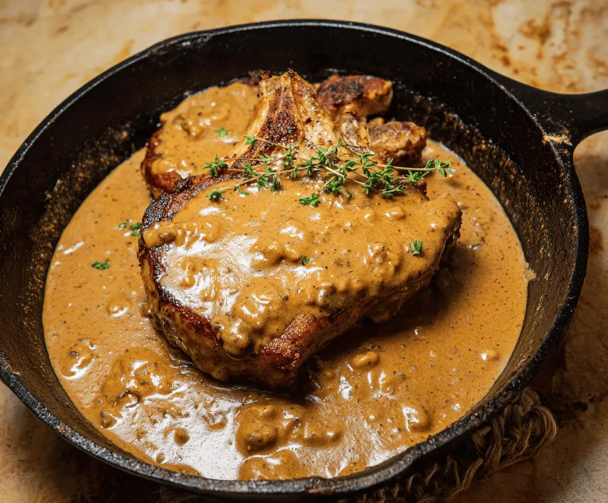 Savory pork chop topped with rich gravy served with mashed potatoes and green beans on a rustic plate
