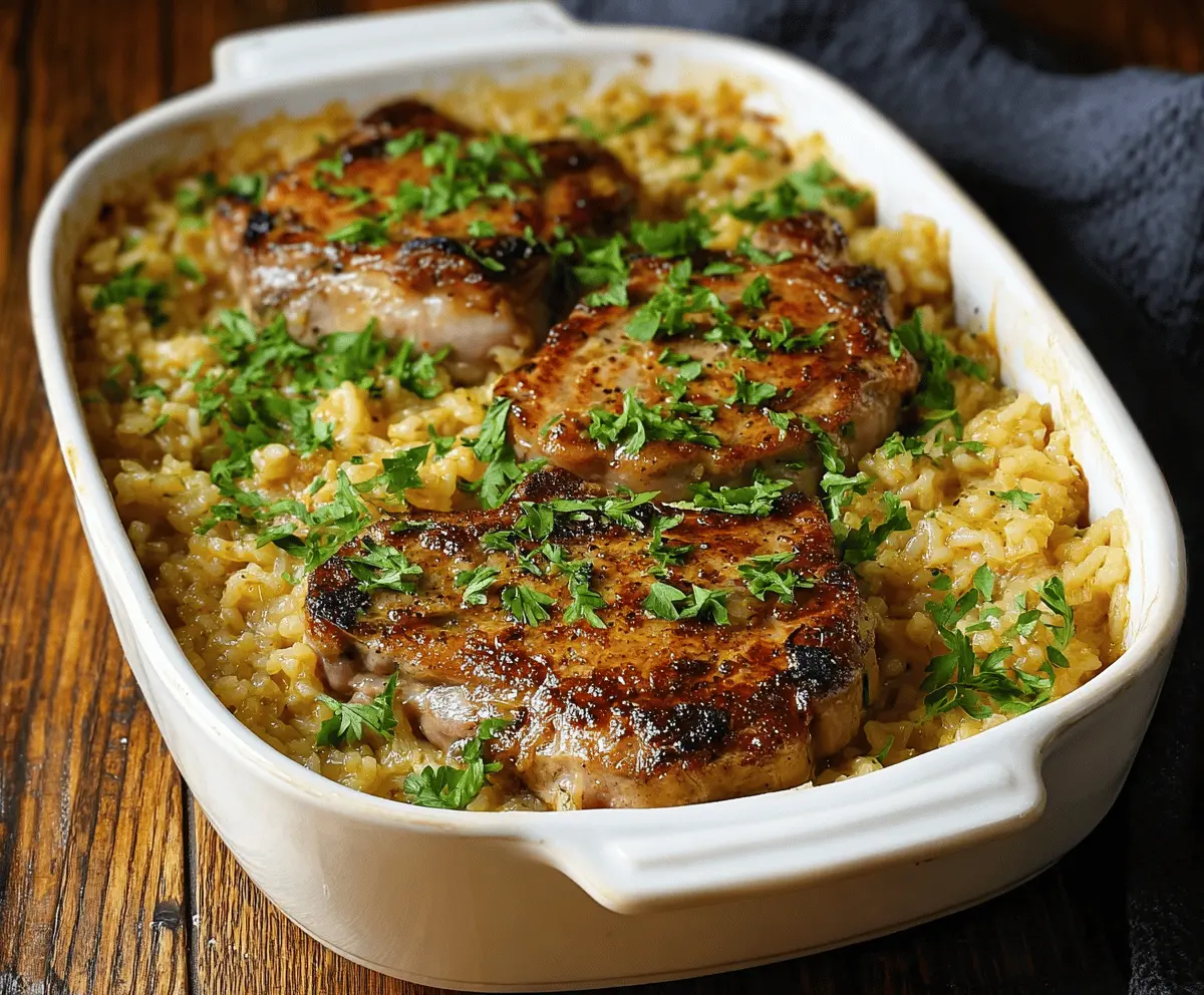 Delicious pork chops and rice casserole topped with melted cheese, served in a baking dish for a hearty, comforting meal.