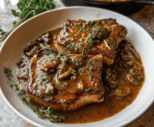 Juicy pork chops topped with rich brown gravy served on a plate, perfect for a hearty dinner.