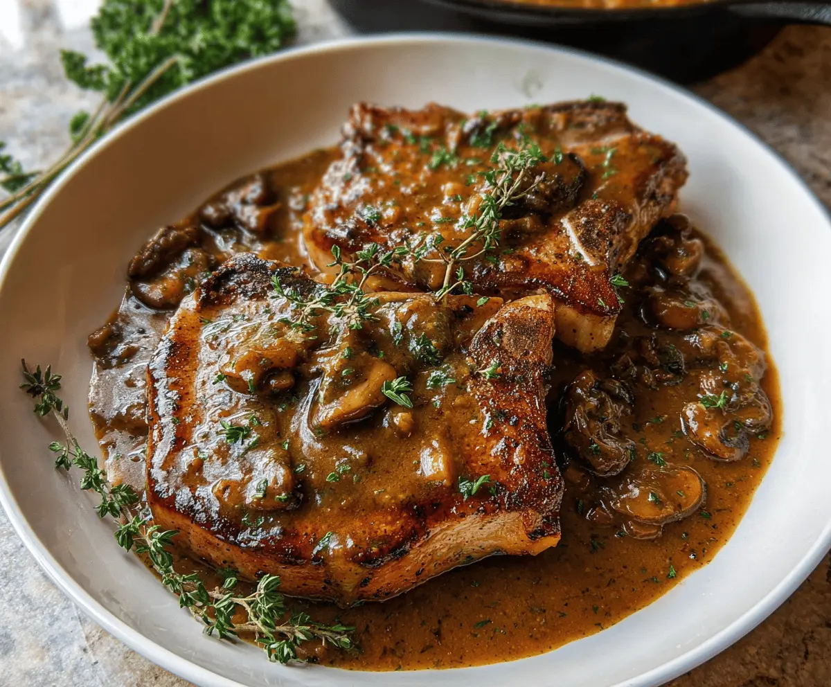 Juicy pork chops topped with rich brown gravy served on a plate, perfect for a hearty dinner.