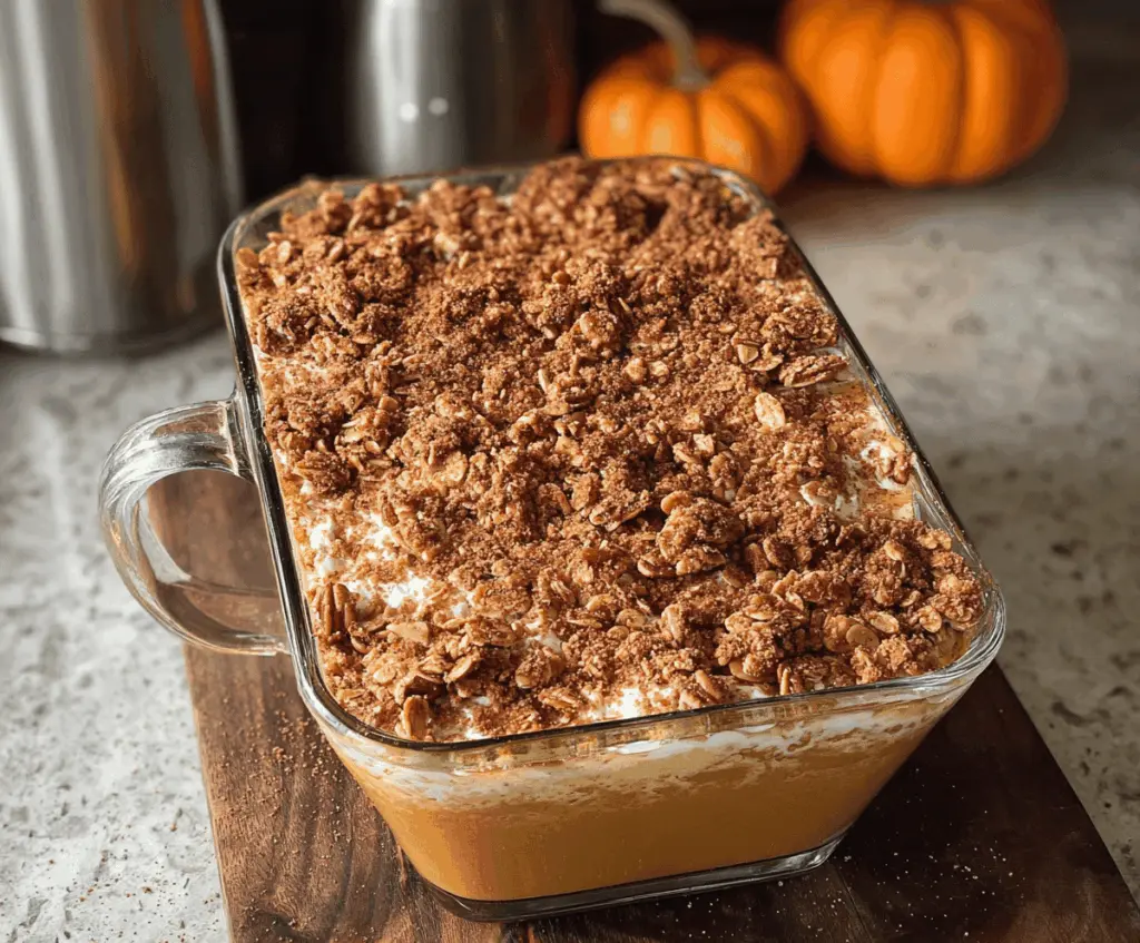 Delicious Pumpkin Autumn Crunch Delight dessert with layers of spiced pumpkin filling, crunchy topping, and whipped cream, perfect for fall celebrations.