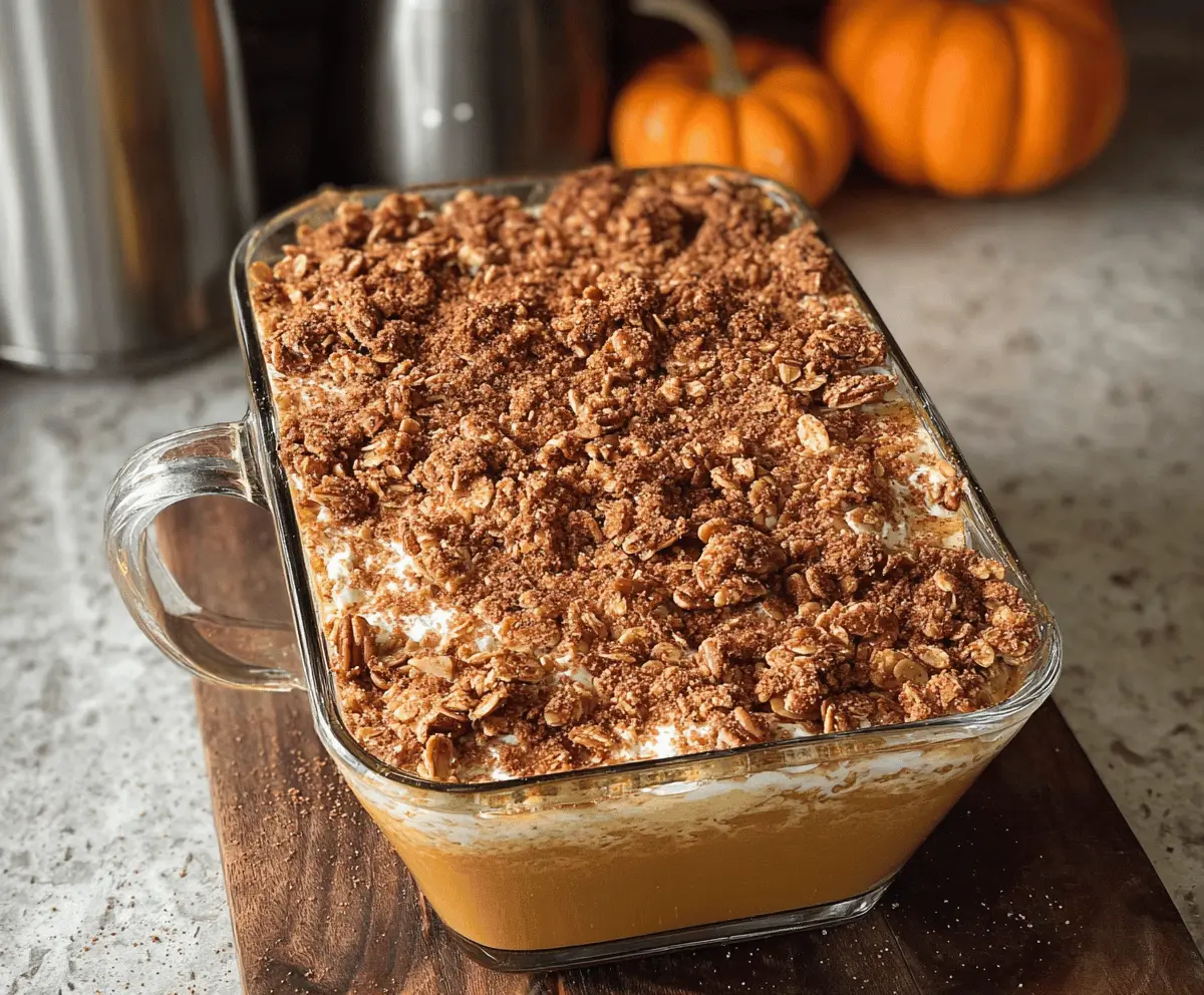 Delicious Pumpkin Autumn Crunch Delight dessert with layers of spiced pumpkin filling, crunchy topping, and whipped cream, perfect for fall celebrations.