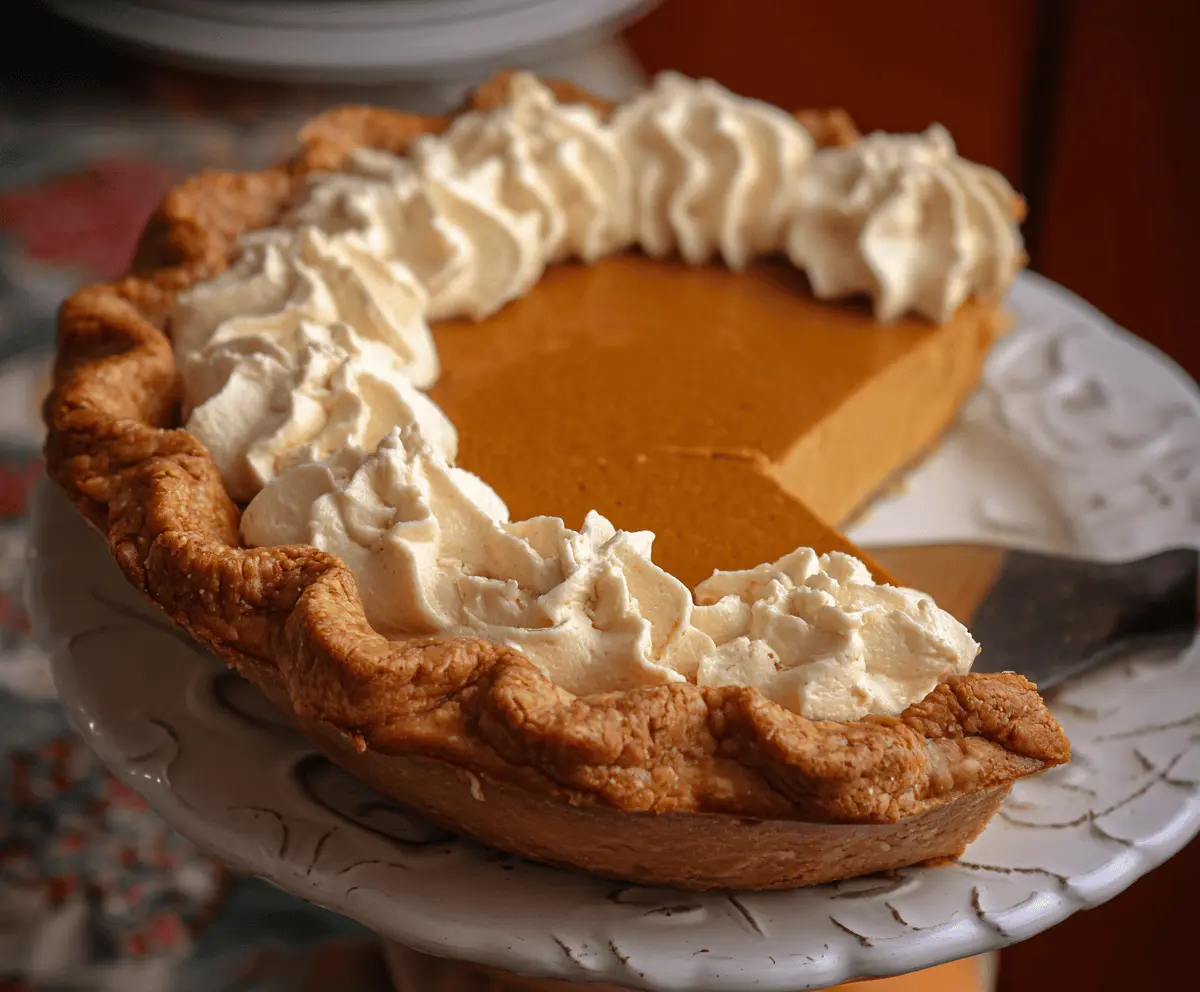 Creamy Pumpkin Butter Pie topped with whipped cream and a cinnamon garnish, perfect for fall desserts.