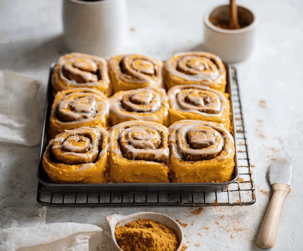 Delicious Pumpkin Cinnamon Rolls topped with creamy Coffee Maple Frosting on a rustic plate, perfect for fall breakfast or dessert