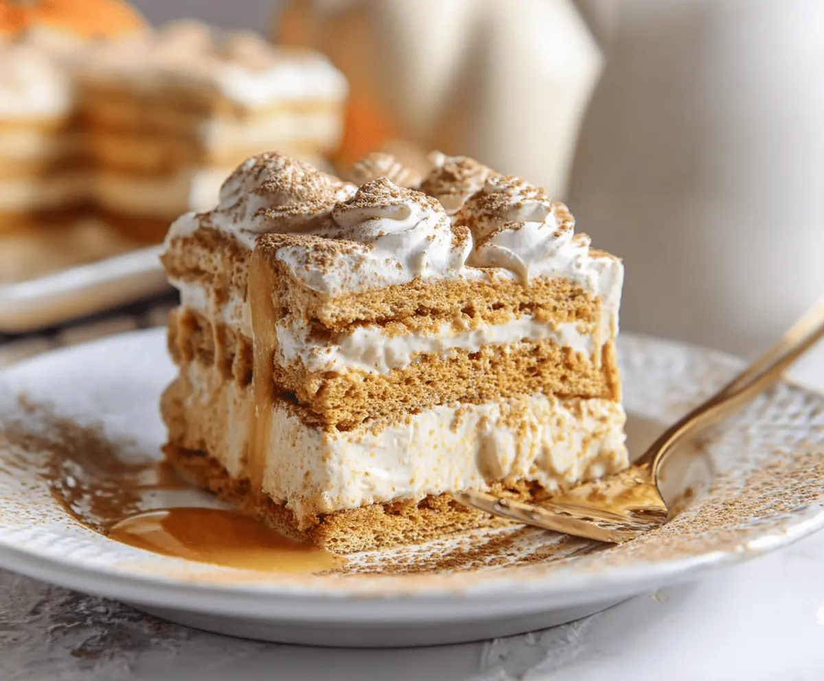 Delicious pumpkin icebox cake with whipped cream and crushed graham crackers, perfect for fall desserts
