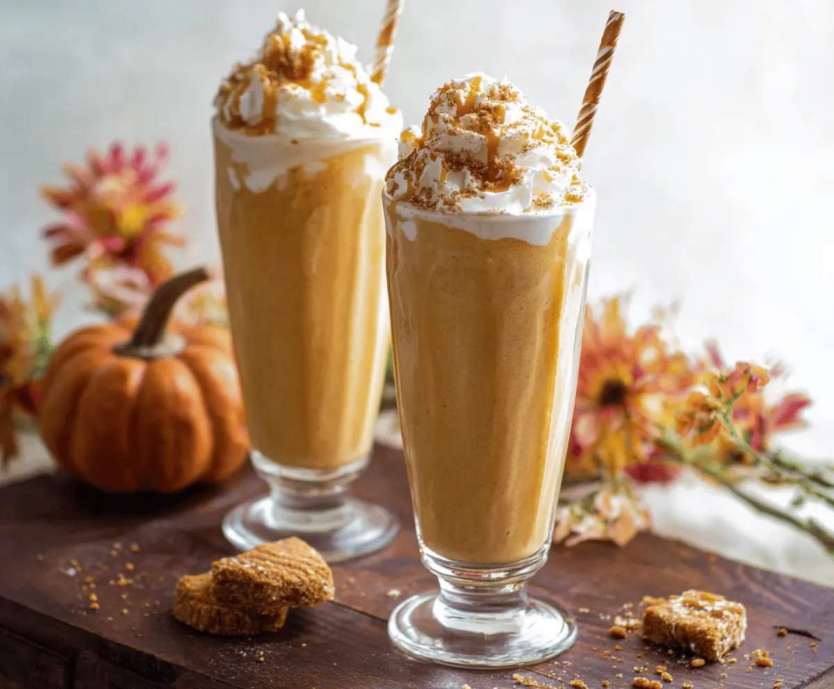 Creamy pumpkin milkshake topped with whipped cream and a cinnamon sprinkle, served in a tall glass for a festive fall treat.