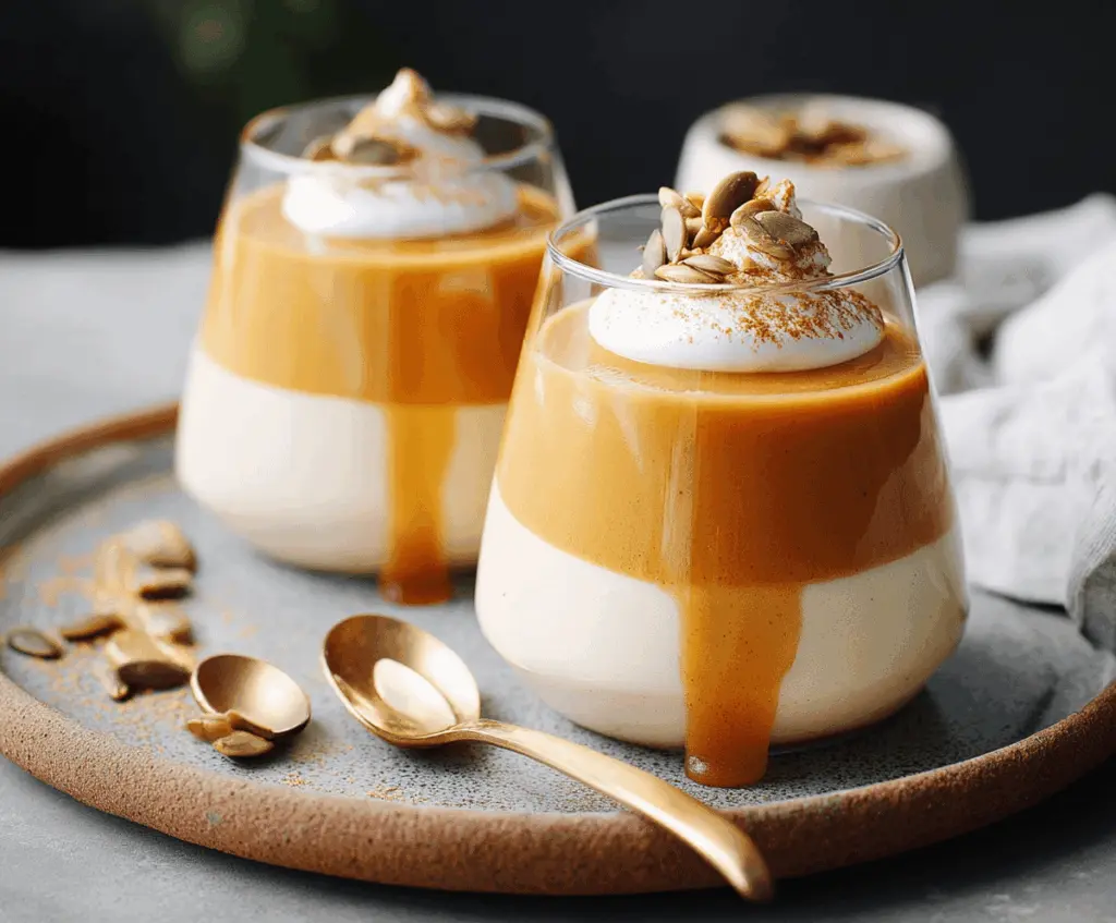 Creamy pumpkin panna cotta topped with whipped cream and a sprinkle of cinnamon, served in a glass dessert cup.
