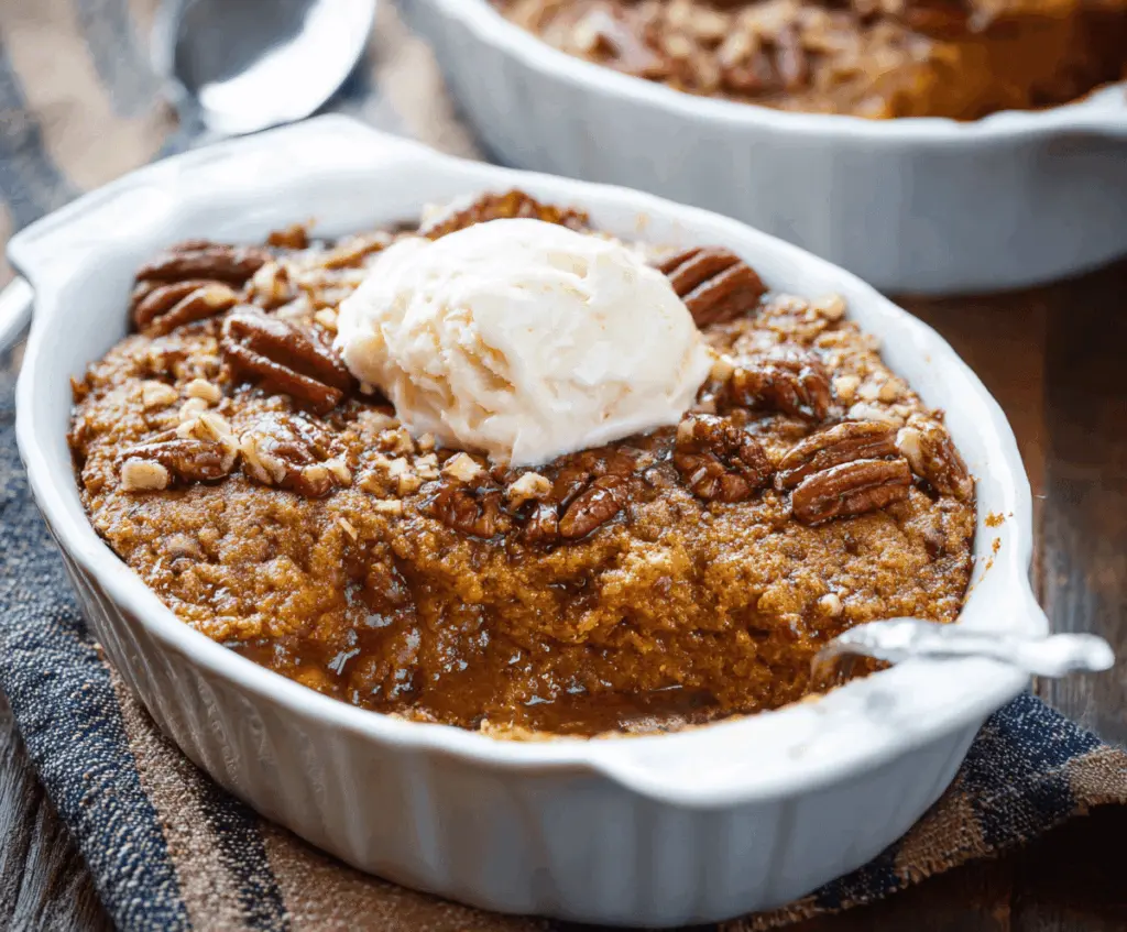 Delicious Pumpkin Pecan Cobbler topped with whipped cream and toasted pecans, perfect for fall dessert cravings.