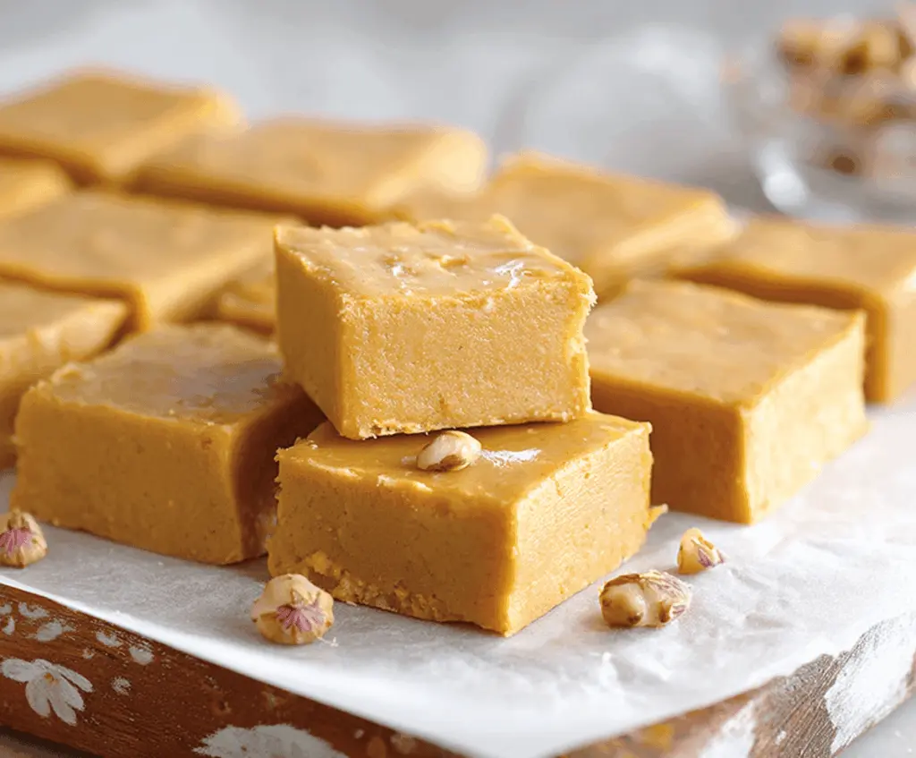 Creamy pumpkin pie fudge topped with whipped cream and cinnamon, perfect for fall desserts