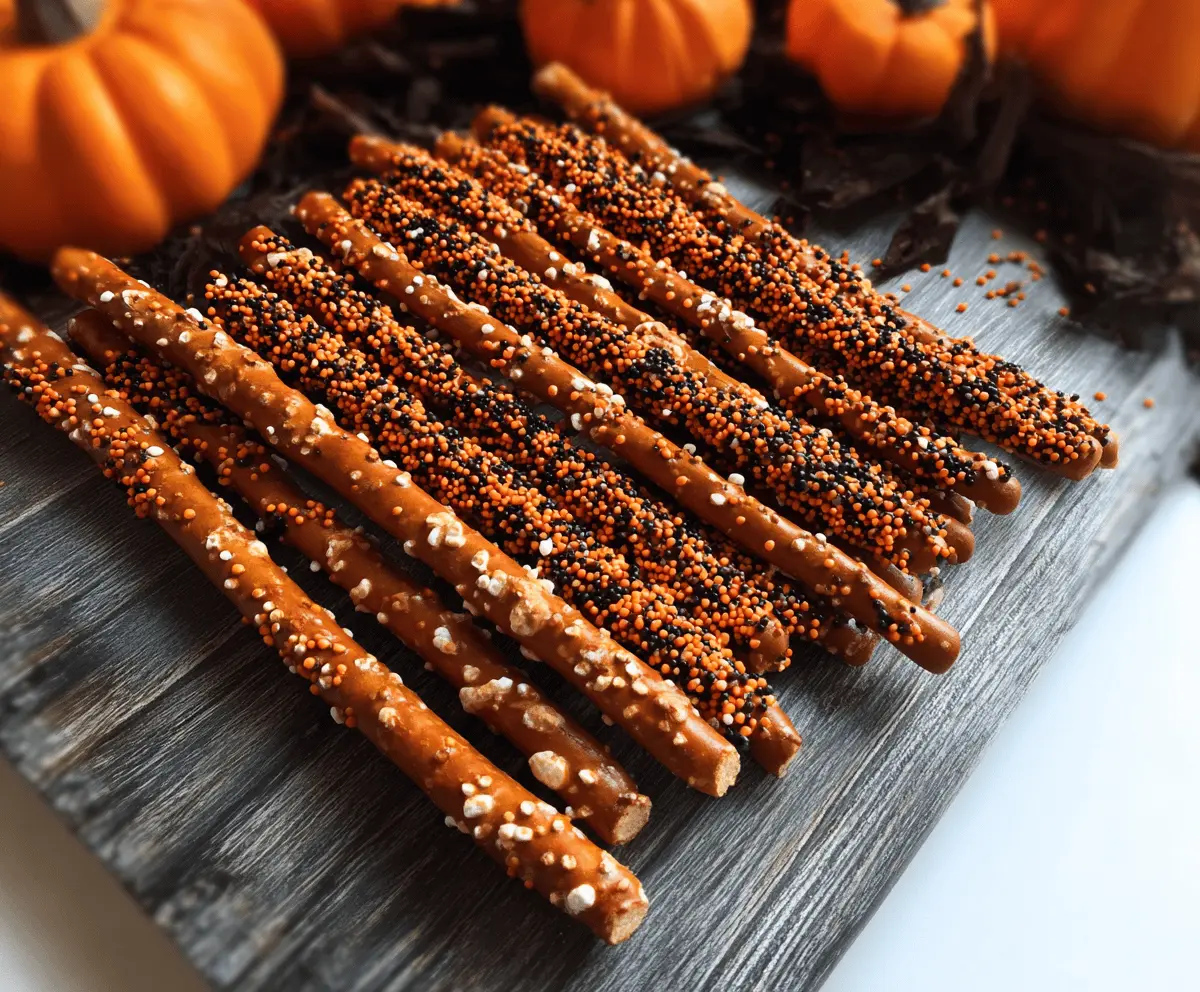 Delicious homemade pumpkin-shaped pretzel rods with orange and green icing for Halloween or fall celebration.