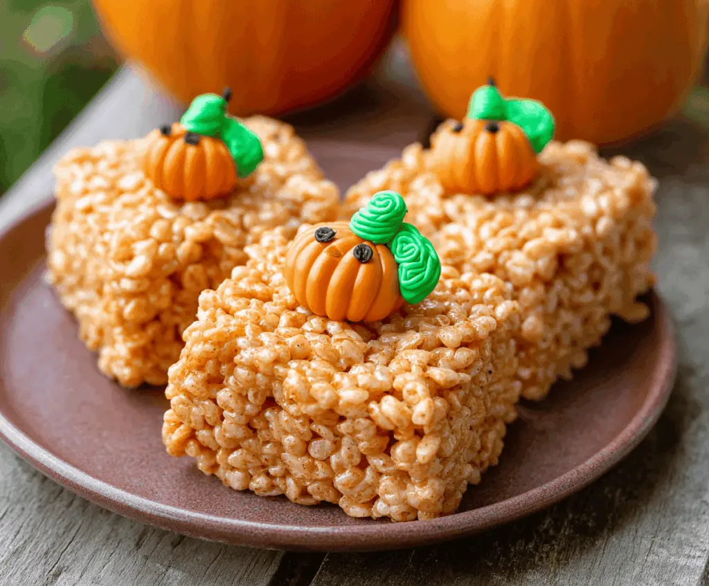 Delicious homemade Pumpkin Rice Krispie Treats topped with orange and green decorations, perfect for fall snacks and Halloween parties