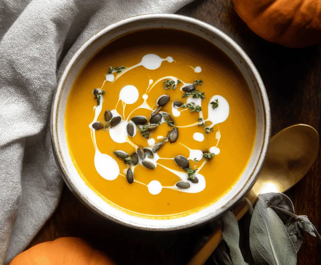 Creamy pumpkin soup served in a bowl garnished with fresh herbs and a drizzle of cream, perfect for autumn comfort.