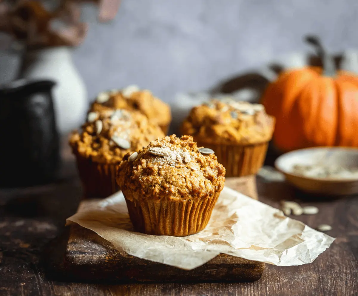 Freshly baked pumpkin sourdough muffins topped with cinnamon and nuts, perfect for fall breakfast or snack
