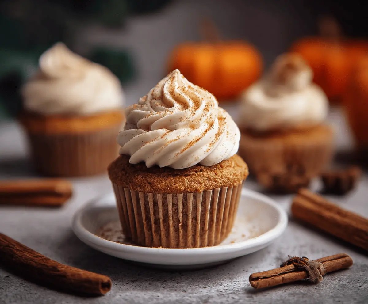 Delicious pumpkin spice cupcakes topped with cream cheese frosting and sprinkled with cinnamon, perfect for fall desserts.