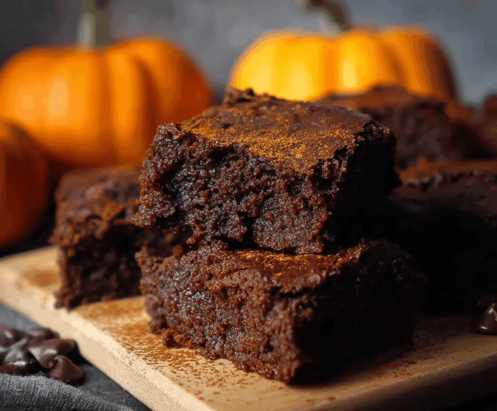 Delicious pumpkin spiced brownies topped with whipped cream and cinnamon for a cozy fall treat