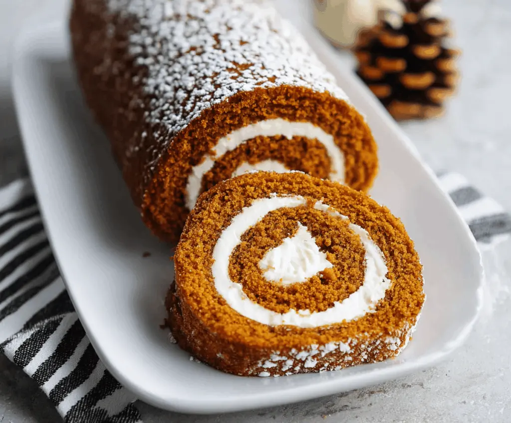 Delicious homemade Pumpkin Swiss Roll cake with creamy filling, garnished with powdered sugar and a sprinkle of cinnamon on a festive platter