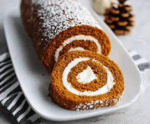 Delicious homemade Pumpkin Swiss Roll cake with creamy filling, garnished with powdered sugar and a sprinkle of cinnamon on a festive platter