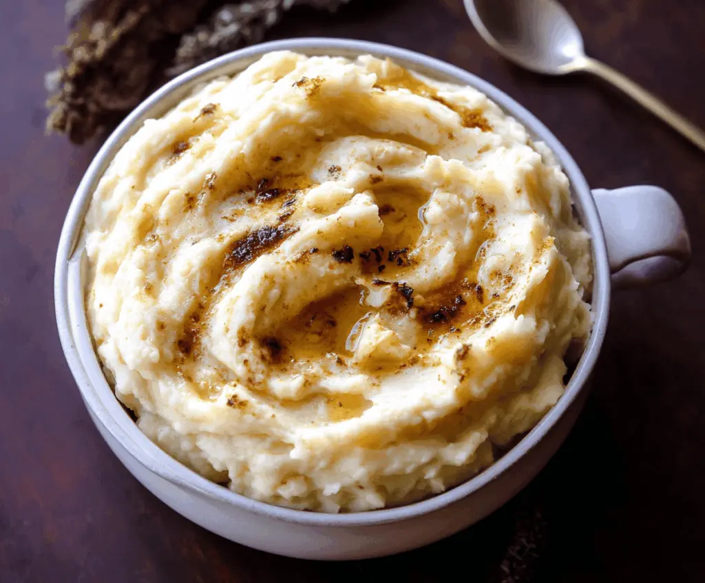 Creamy roasted garlic mashed potatoes served in a rustic bowl, perfect for a comforting side dish.