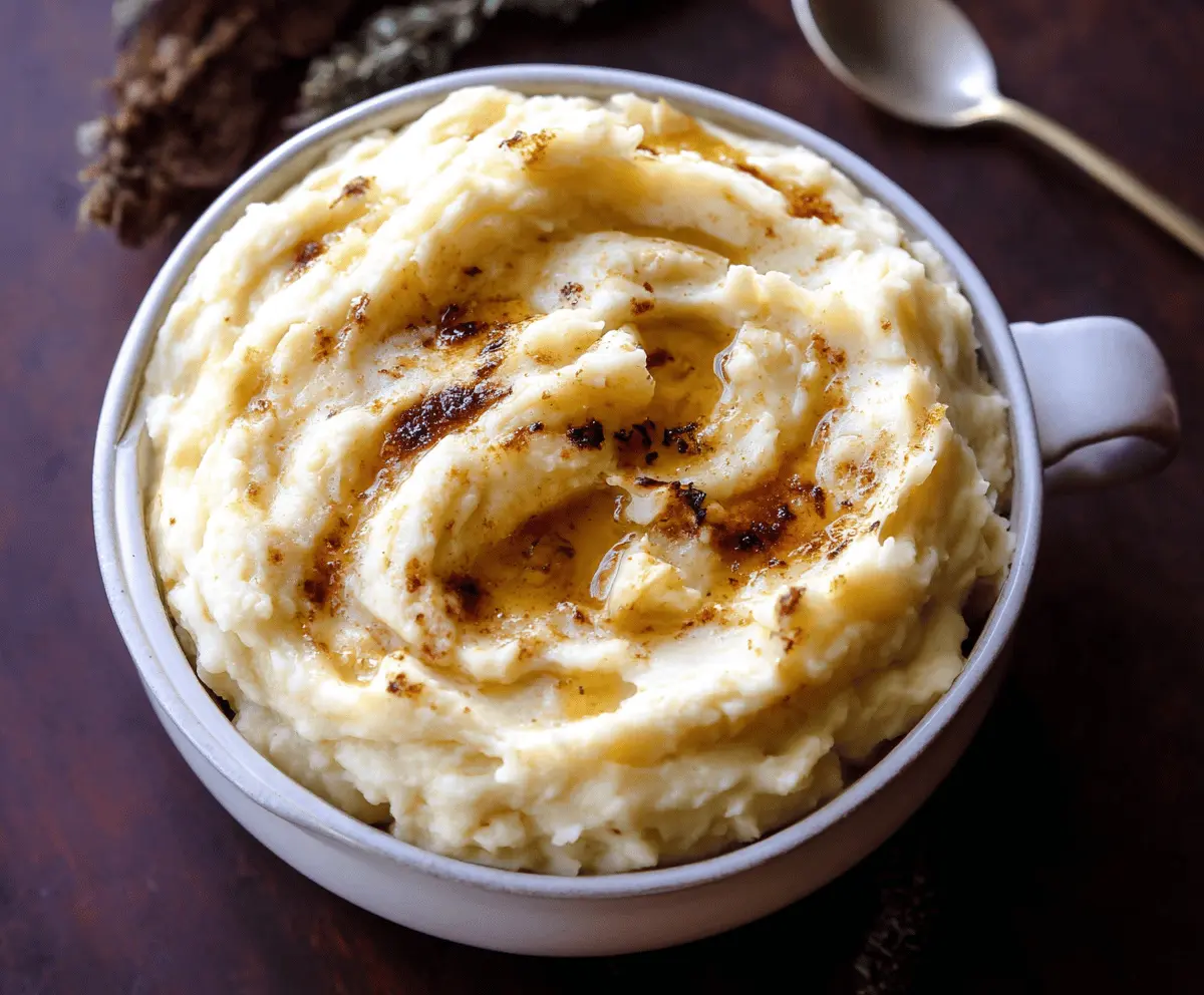 Creamy roasted garlic mashed potatoes served in a rustic bowl, perfect for a comforting side dish.