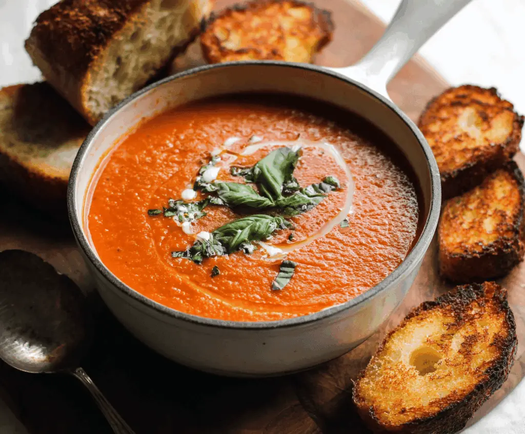 A bowl of freshly made roasted tomato basil soup garnished with fresh basil leaves, served with crusty bread on a rustic wooden table.