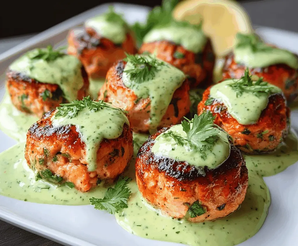 Delicious salmon balls topped with creamy avocado sauce served on a white plate, perfect for a healthy appetizer or main course
