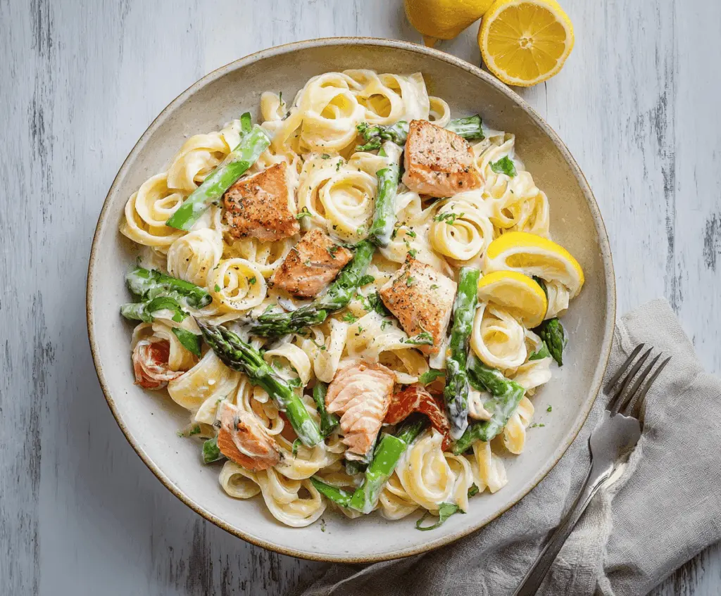 Creamy salmon pasta with lemon cream sauce garnished with fresh herbs and lemon wedges on a white plate.