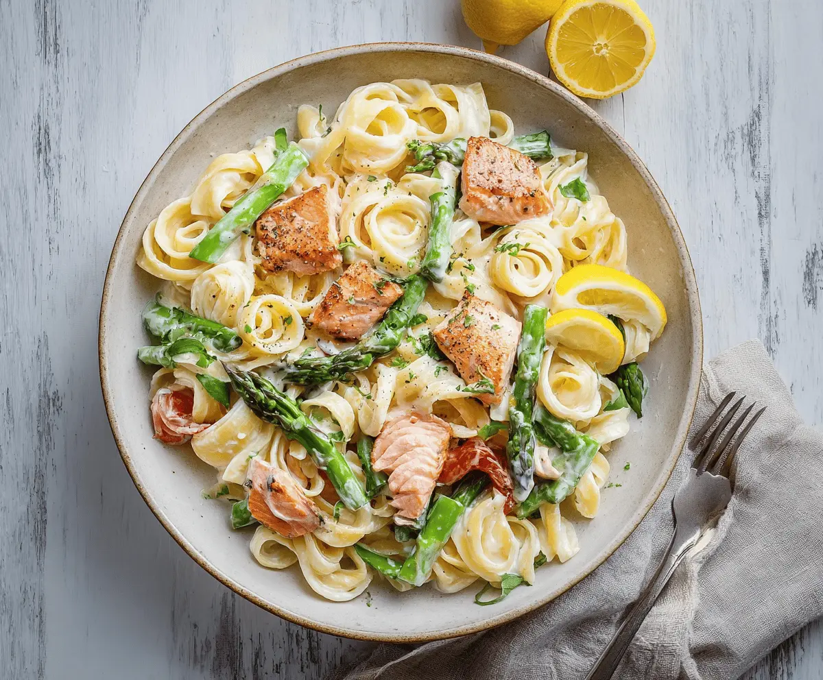Creamy salmon pasta with lemon cream sauce garnished with fresh herbs and lemon wedges on a white plate.