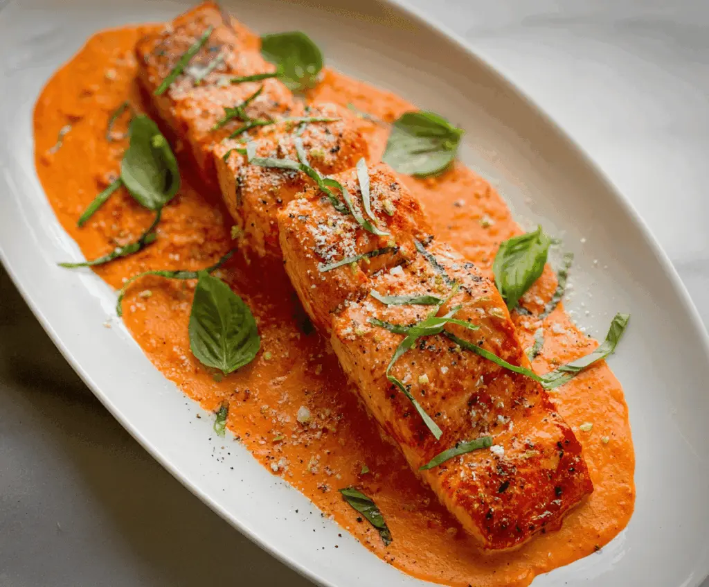 Delicious salmon fillet topped with vibrant roasted red pepper sauce served on a white plate, garnished with fresh herbs.