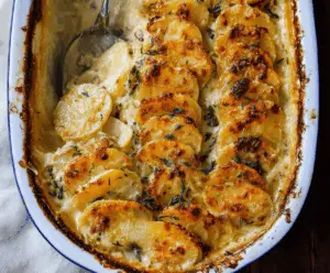 Delicious creamy scalloped potatoes with cheese baked to perfection
