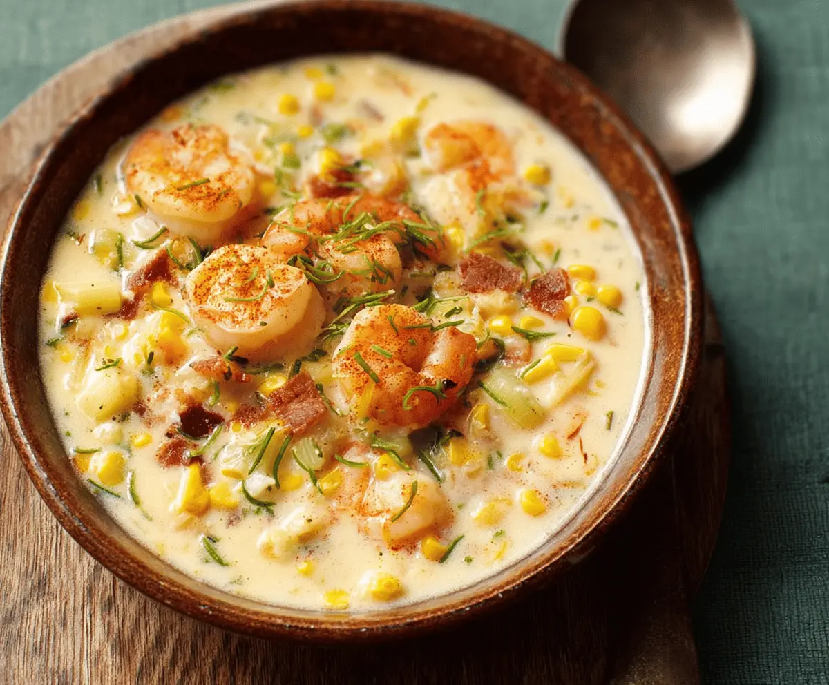 Creamy shrimp and corn chowder served in a bowl, garnished with fresh herbs and crispy bacon bits, perfect for a comforting seafood soup.
