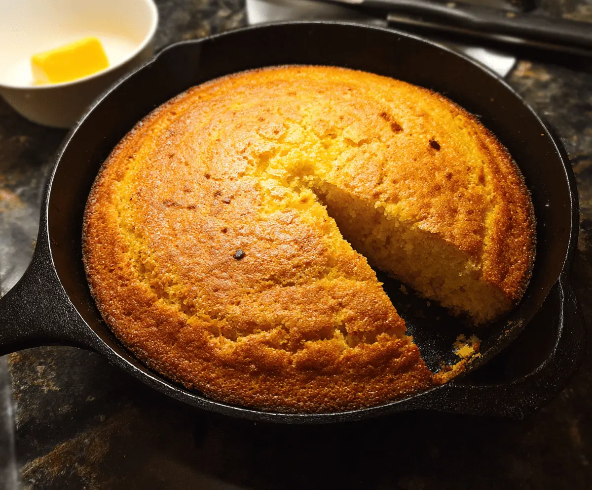 Golden skillet cornbread fresh out of the oven with a crispy crust and buttery interior, served in a cast iron skillet.