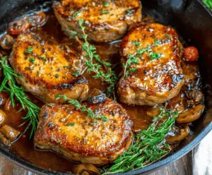 Juicy skillet pork chops with golden-brown crust served on a plate garnished with herbs, perfect for a hearty and delicious meal.