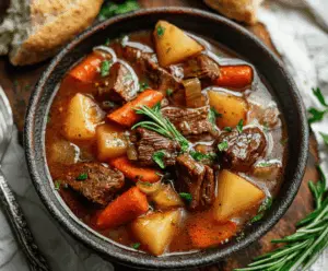 Hearty slow cooker beef stew with tender beef chunks, carrots, potatoes, and vegetables in a rich broth, perfect for a comforting meal.