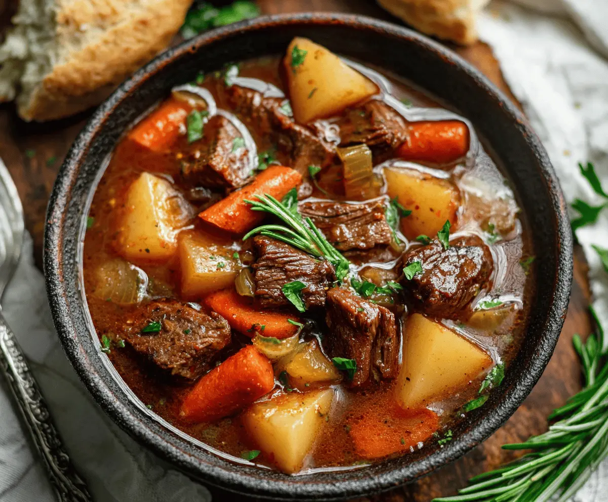 Hearty slow cooker beef stew with tender beef chunks, carrots, potatoes, and vegetables in a rich broth, perfect for a comforting meal.