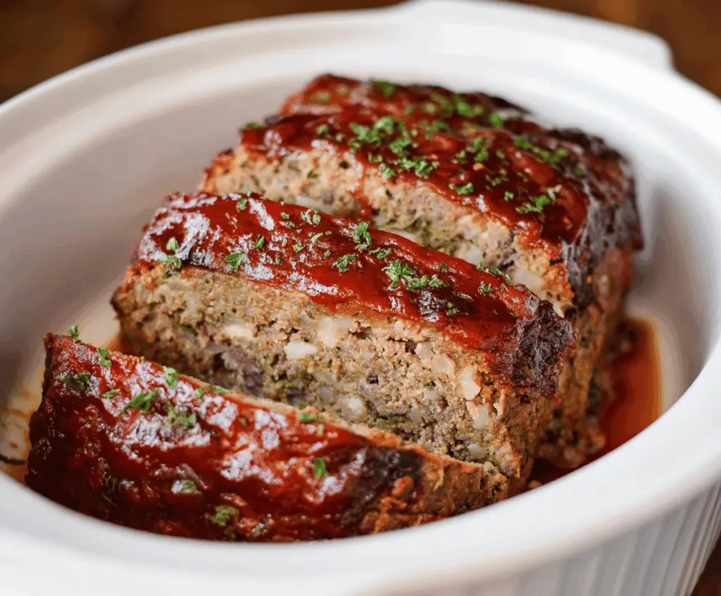 Juicy and flavorful slow cooker meatloaf garnished with fresh herbs and served with mashed potatoes on a plate