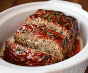 Juicy and flavorful slow cooker meatloaf garnished with fresh herbs and served with mashed potatoes on a plate
