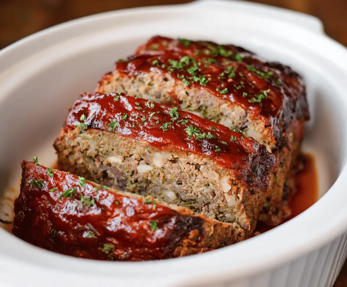Juicy and flavorful slow cooker meatloaf garnished with fresh herbs and served with mashed potatoes on a plate
