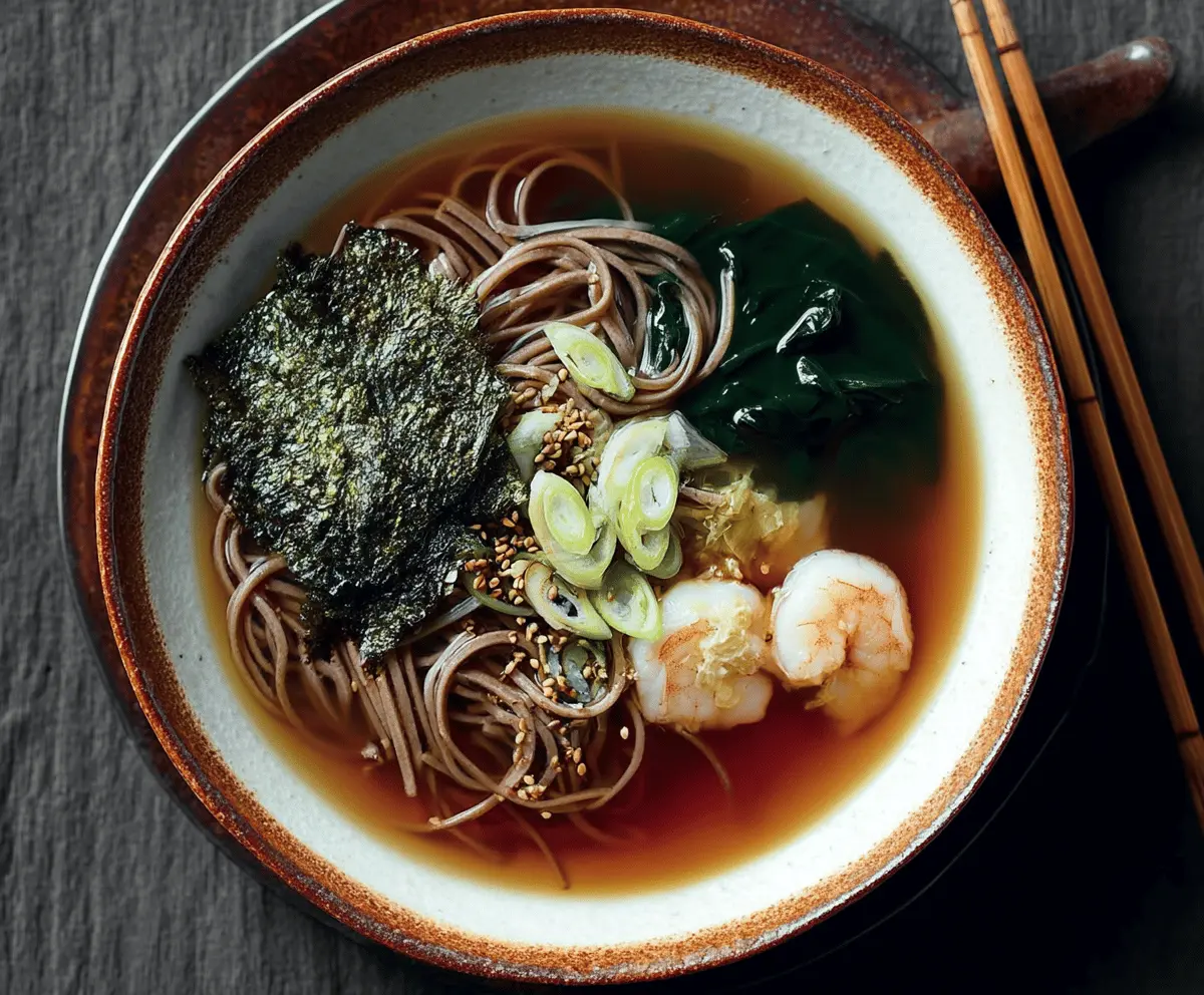 Delicious steaming bowl of soba noodle soup garnished with green onions and vegetables, perfect for a comforting Asian-inspired meal.