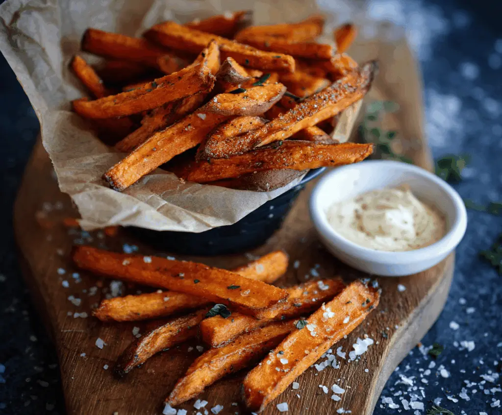 Crispy spicy garlic sweet potato fries served with dipping sauce on a rustic wooden platter