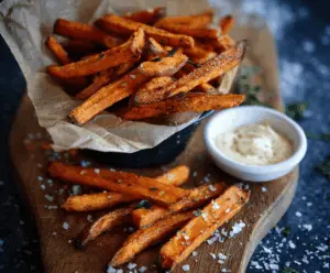 Crispy spicy garlic sweet potato fries served with dipping sauce on a rustic wooden platter