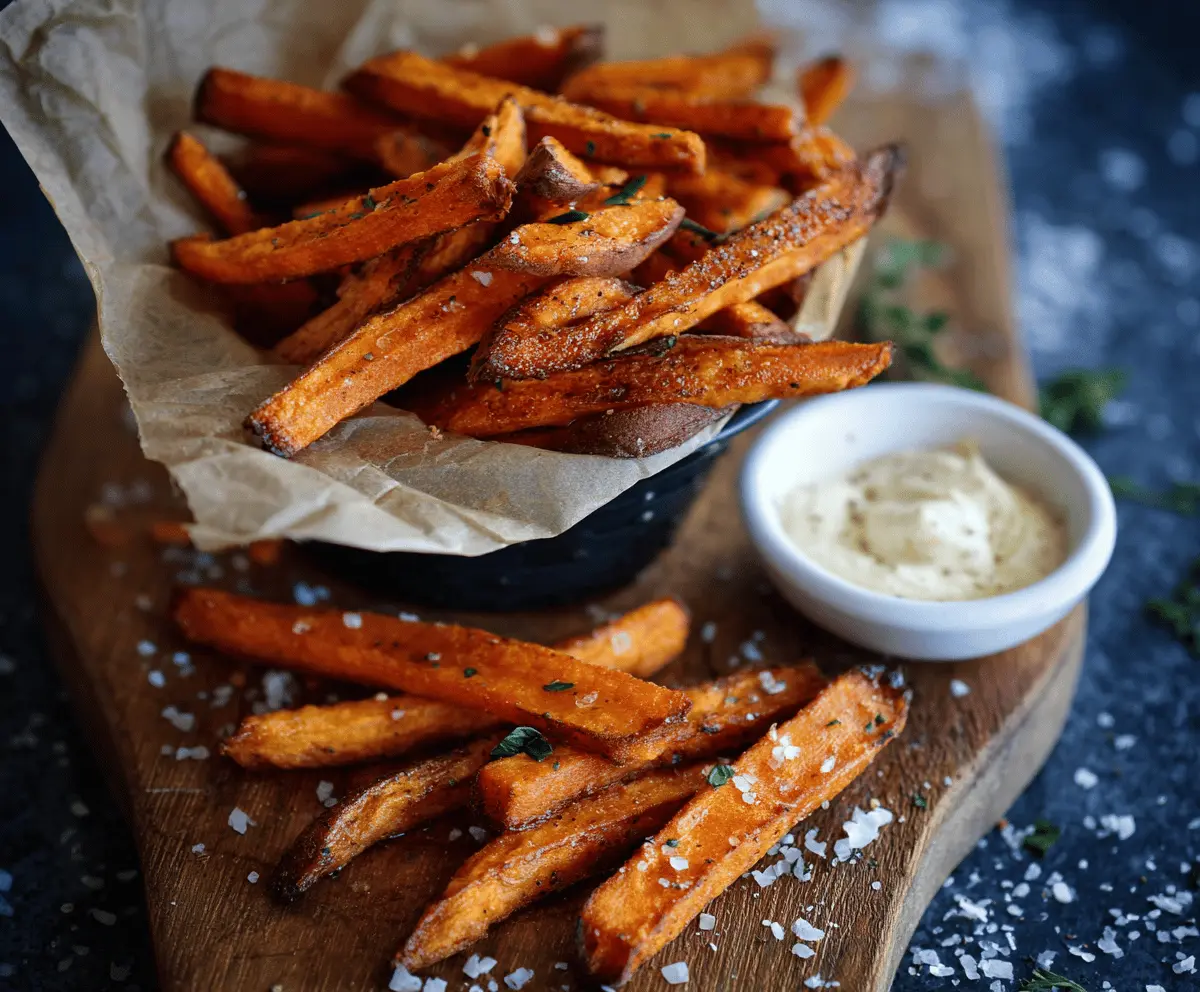 Crispy spicy garlic sweet potato fries served with dipping sauce on a rustic wooden platter