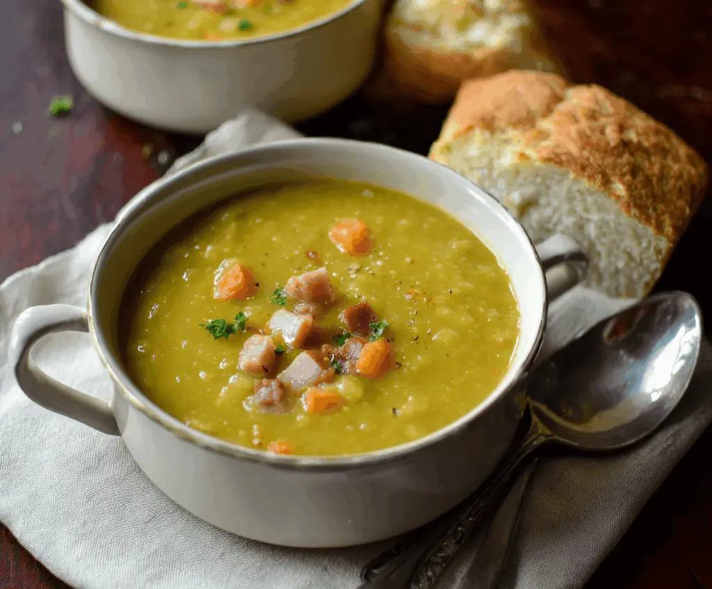 Creamy split pea soup served in a bowl with fresh herbs and a slice of crusty bread on the side