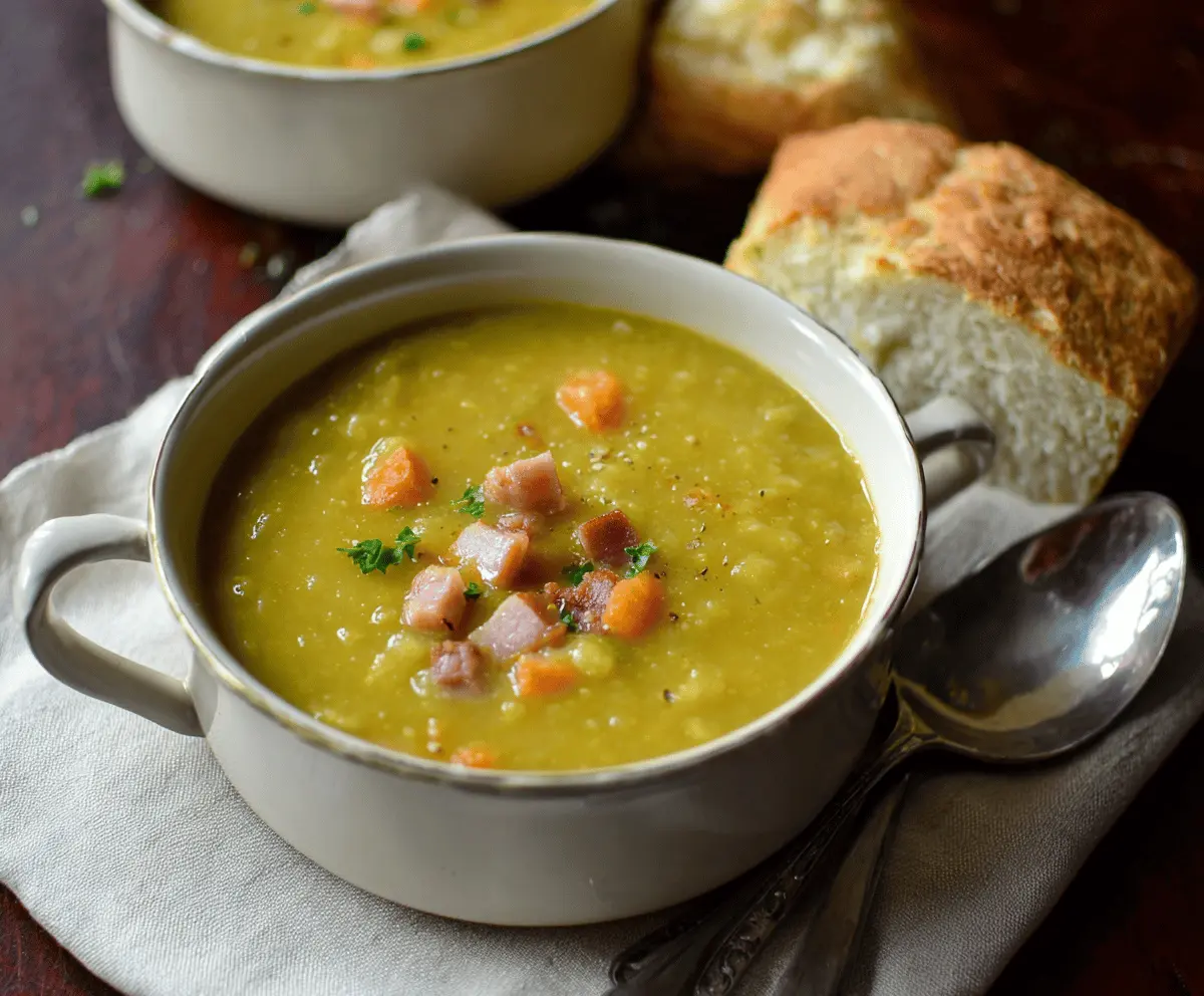 Creamy split pea soup served in a bowl with fresh herbs and a slice of crusty bread on the side