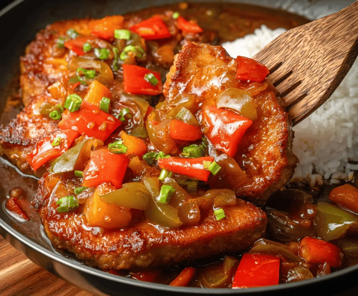 Juicy sweet and sour pork chops garnished with fresh herbs on a white plate, served with colorful vegetables and tangy sauce.