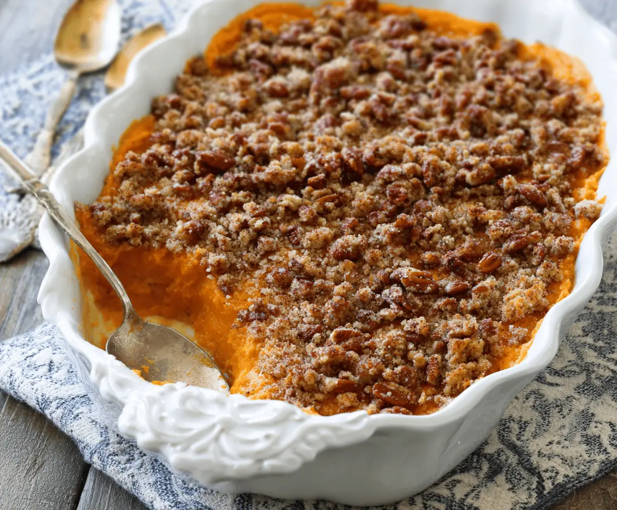 Delicious sweet potato casserole topped with crunchy pecan streusel, served as a perfect holiday side dish