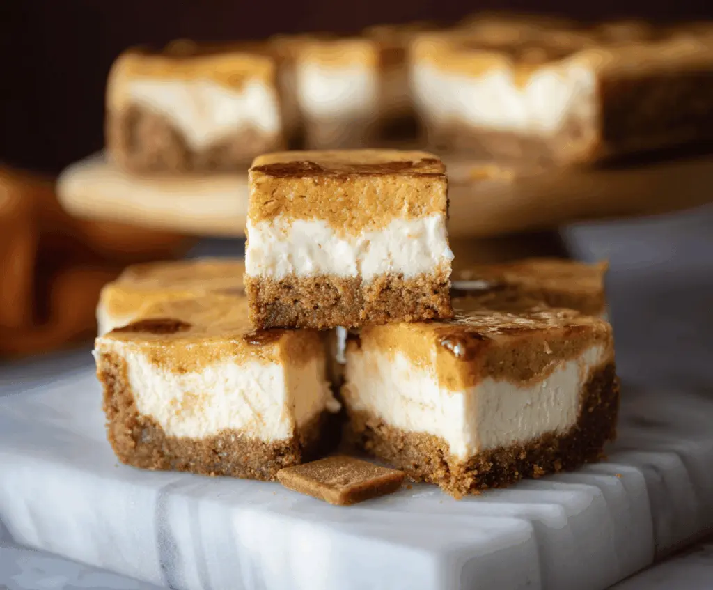 Creamy sweet potato cheesecake bars with a golden crust on a white plate